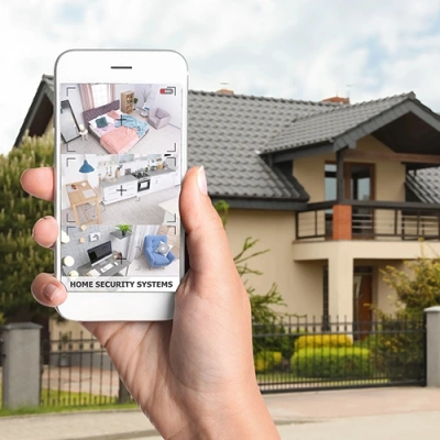 Akron vivint phone display of cctv live feed in front of a house
